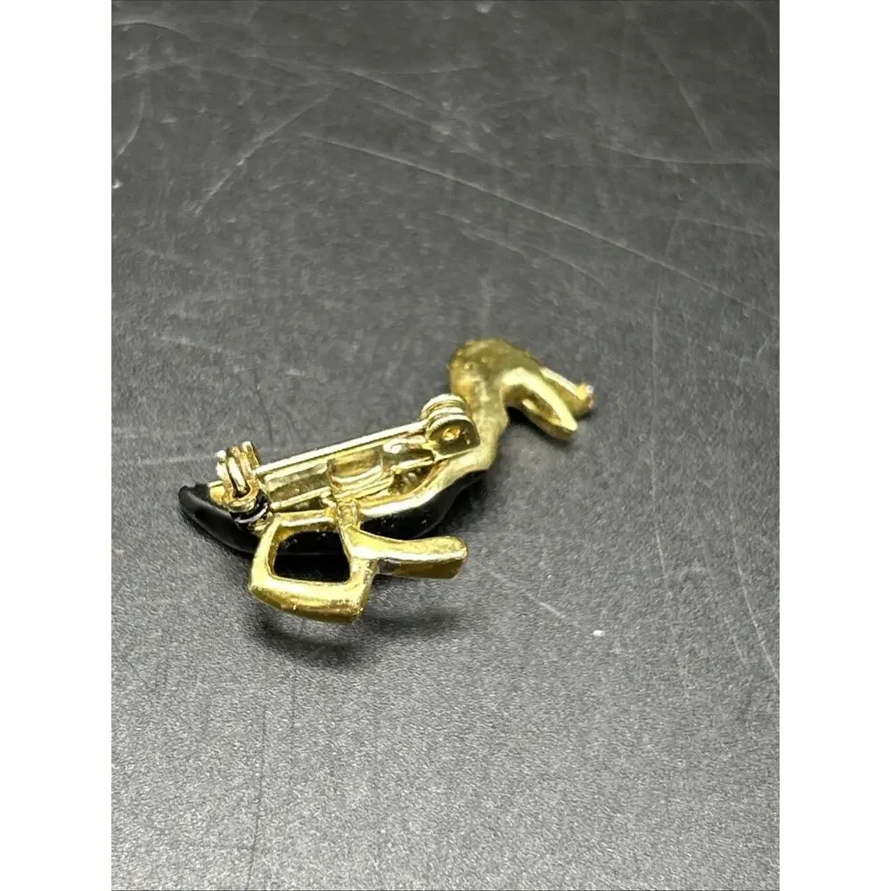 Vintage Black Enamel and Gold Tone Duck Brooch Pin 1 1/4” Green Crystal Eye
